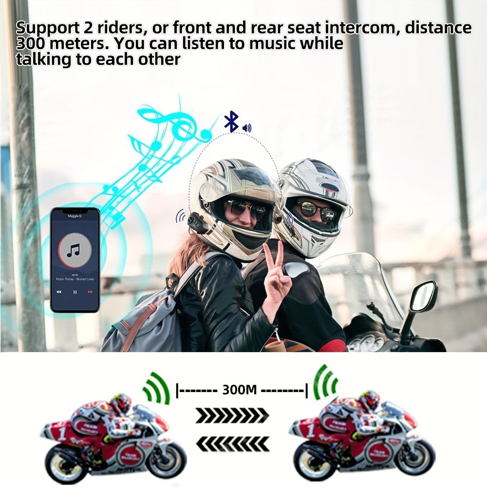 Wireless Motorcycle Helmet Intercom, 2-Rider 300M Range, Noise Reduction Earphone, Music Sharing, Call Control, Type-C Charging, 1000mAh Lithium Polymer Battery, Plastic Material, No Charger Included