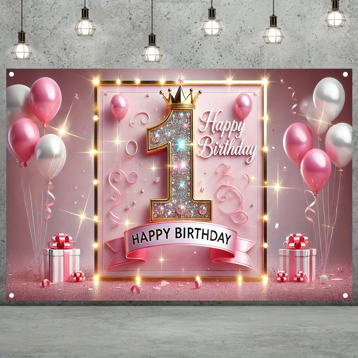 1pc Sparkling Pink Golden First Birthday Banner - Durable Polyester Happy Birthday Party Decor with Glittering Number 1, Crown & Balloons for Indoor/Outdoor Celebrations, Baptism, Cake Table, Holiday Decorations, Birthday Par