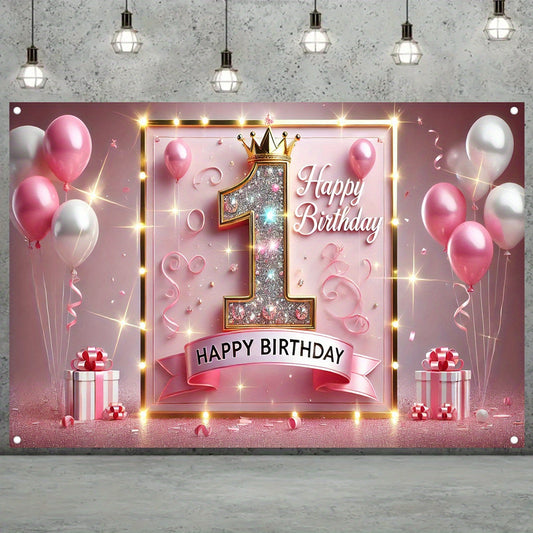 1pc Sparkling Pink Golden First Birthday Banner - Durable Polyester Happy Birthday Party Decor with Glittering Number 1, Crown & Balloons for Indoor/Outdoor Celebrations, Baptism, Cake Table, Holiday Decorations, Birthday Par