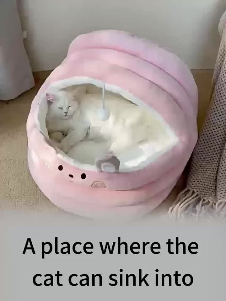 Cozy Gray & White Cat Cave Bed - Semi-Enclosed, Removable & Washable Polyester Pet Nest with Plush Interior and Hanging Ball Toy for Ultimate Comfort