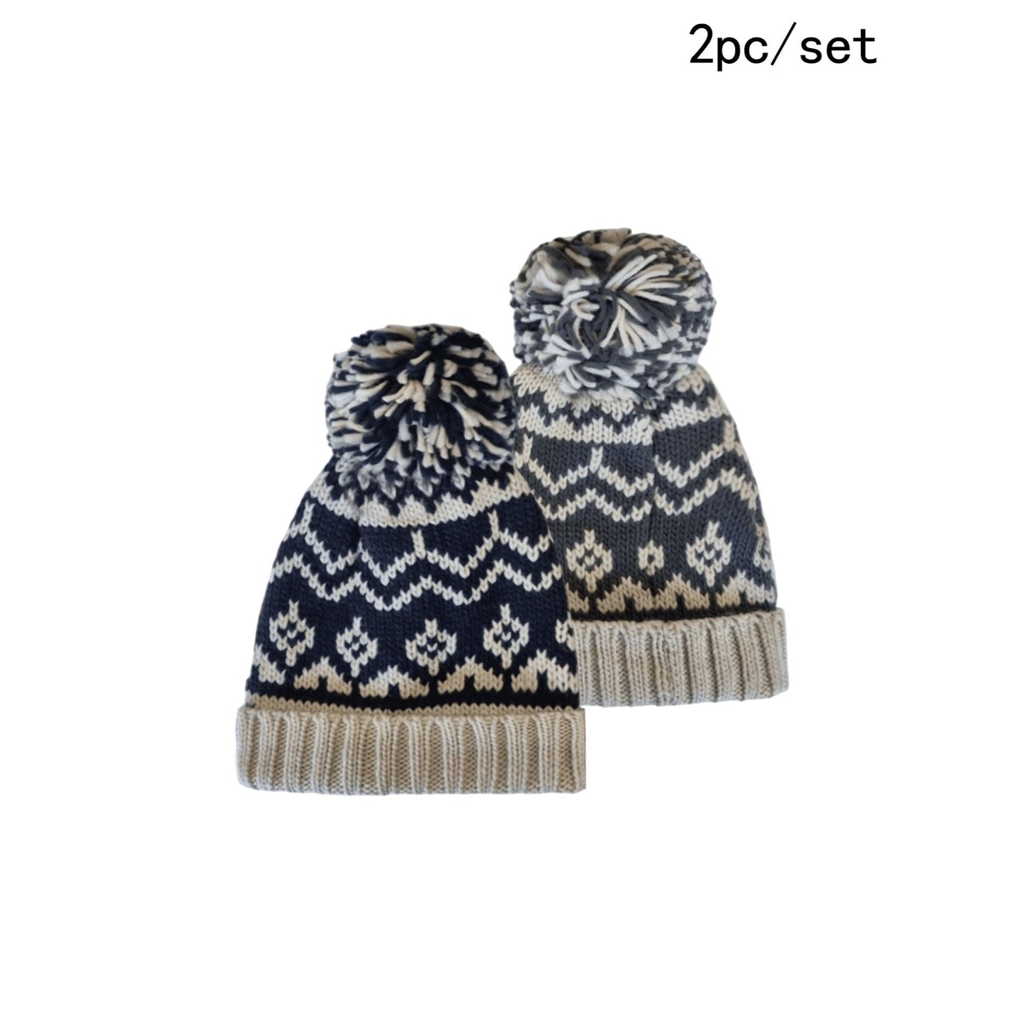 2-Pack Nordic Knit Beanie Hats with Pom-Poms
