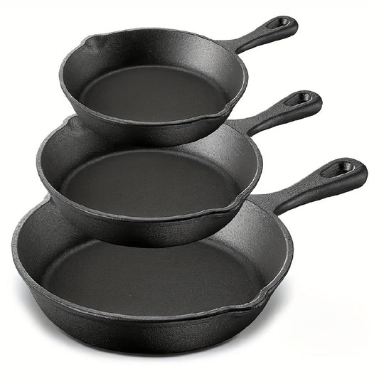 3pcs Pre-Seasoned Cast Iron Skillet Set With Pouring Lip - Heavy Duty & Non-Stick For Effortless Grilling, Searing, Frying & Baking - Versatile Black Pans (15.24 cm, 20.32 cm, 25.4 cm) With Comfort Handles
