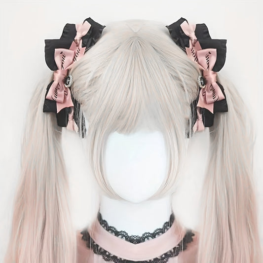 [Cute Hair Clip] Elegant Cute 1pc Fabric Bow Hair Clip | Black and Pink Handmade Japanese Sweet Cool Anime Accessory, Single Piece Color Matching Printed Hair Ring, Hair Accessory