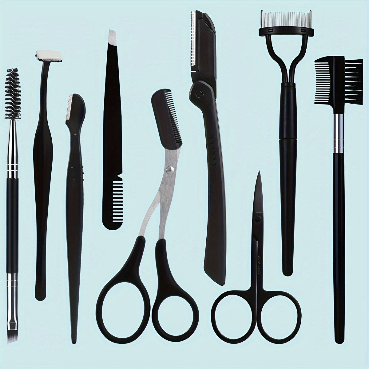 8/9/12pcs Stainless Steel Eyebrow Grooming Kit, Portable Black Set for Women and Men, Includes Eyebrow Brush, Razors, Comb, Scissors, Folding Razor, Trimmer, Tweezers with Comb, Lash Separator, No Electricity Needed