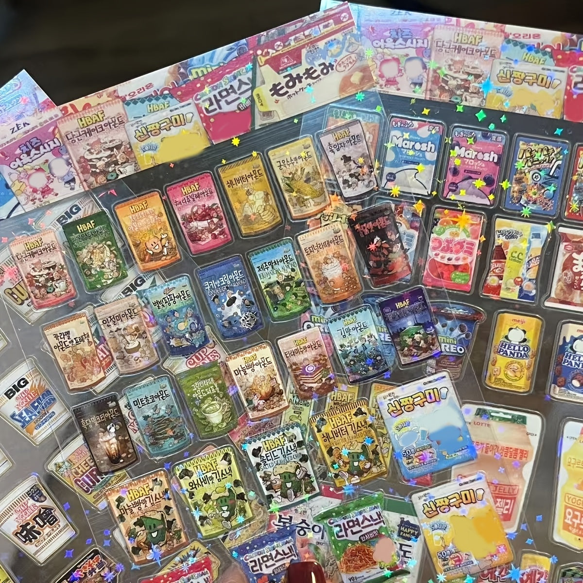 10/20pcs Kawaii Anime Snack Packaging Stickers, Multicolor Glitter Finish, Pre-pasted PET Cartoon Decals for Phones, Plastic Surface Compatible, Irregular Shape, Single Use Embellishments for Diary & Stationery