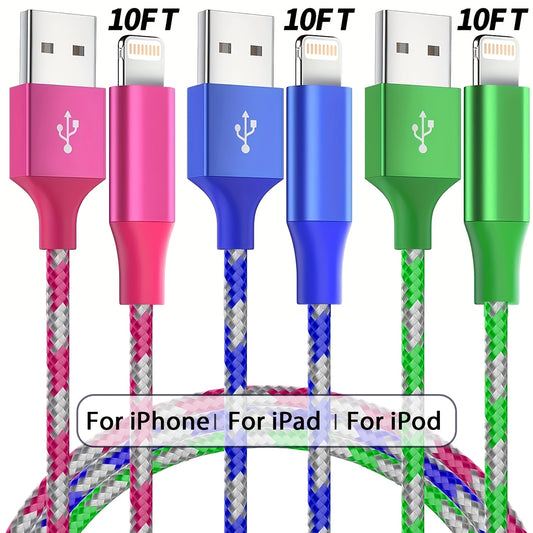 1-Pack/3-Pack 10ft [Apple MFi Certified] iPhone Charger Nylon Braided Lightning Cable Fast Charging Cord, Suitable for iPhone Apple/14/13/12 Pro/Max/12/Mini/11/11 Pro/XS/Max/X/R/X/8/7/6/Plus/iPad, More (Multi-Color)