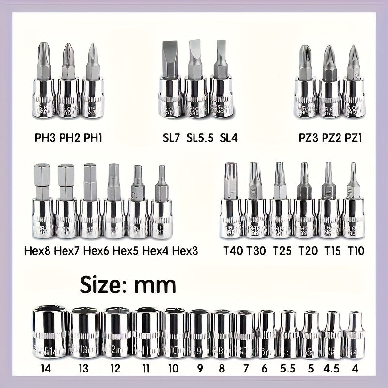 43pcs 1/4" Heavy-Duty Socket Set With Quick-Release Ratchet, Screwdriver Kit, And Extension For Manual Use On Automobiles And Trucks - Includes Durable Iron Construction,