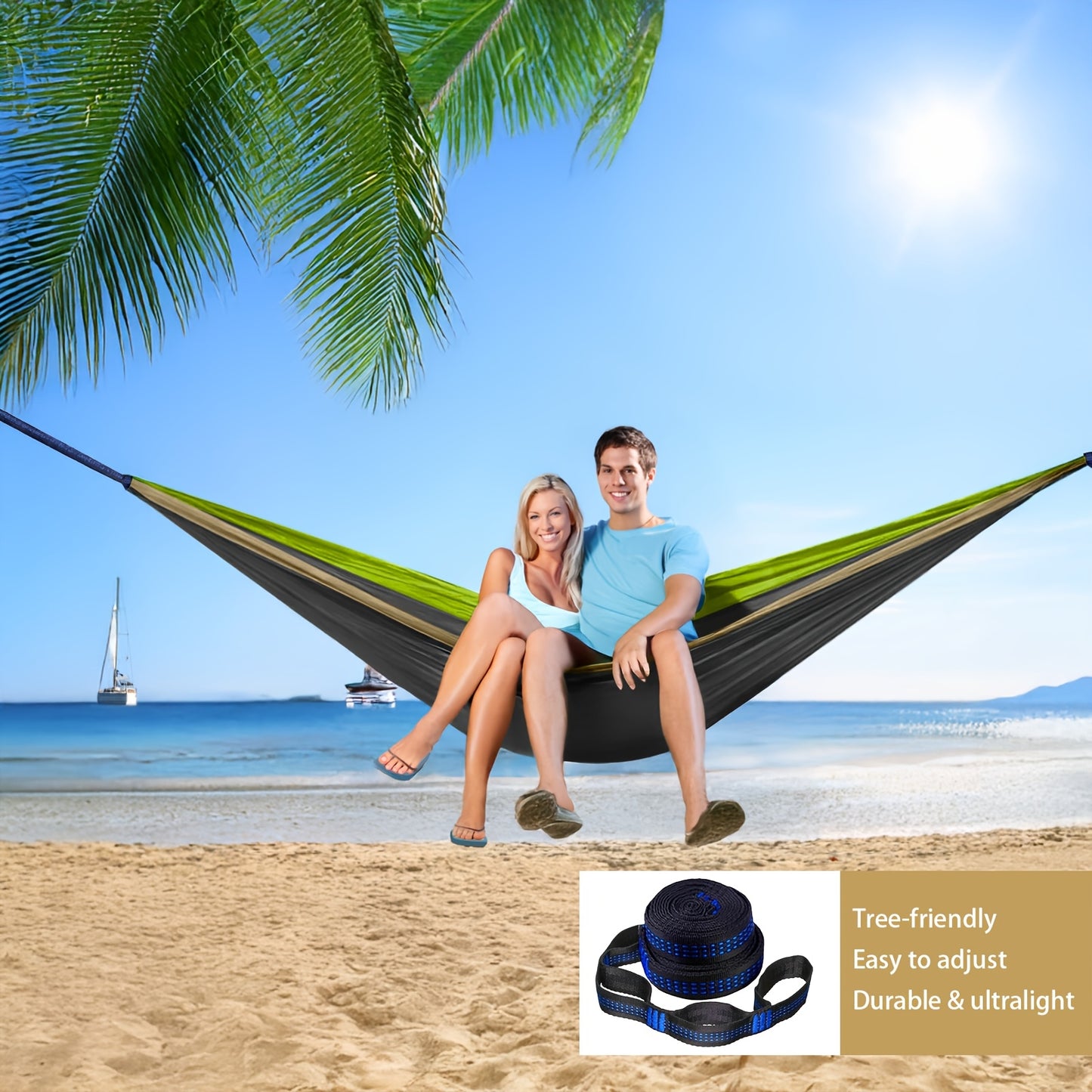 Extra-Large Double Camping Hammock, 3m x 2m (300*200cm), Includes Two 2m Tree Straps, Two D-Shaped Stainless Steel Hooks, and a Storage Bag, Each Tree Strap 8+1 Rings, Portable Hammock Made of 210T Parachute Material. Durable