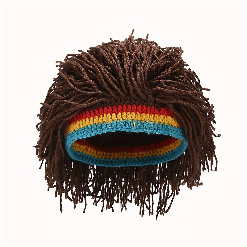 Men's Funky Knitted Beanie Hat with Attached Fake Hair -
