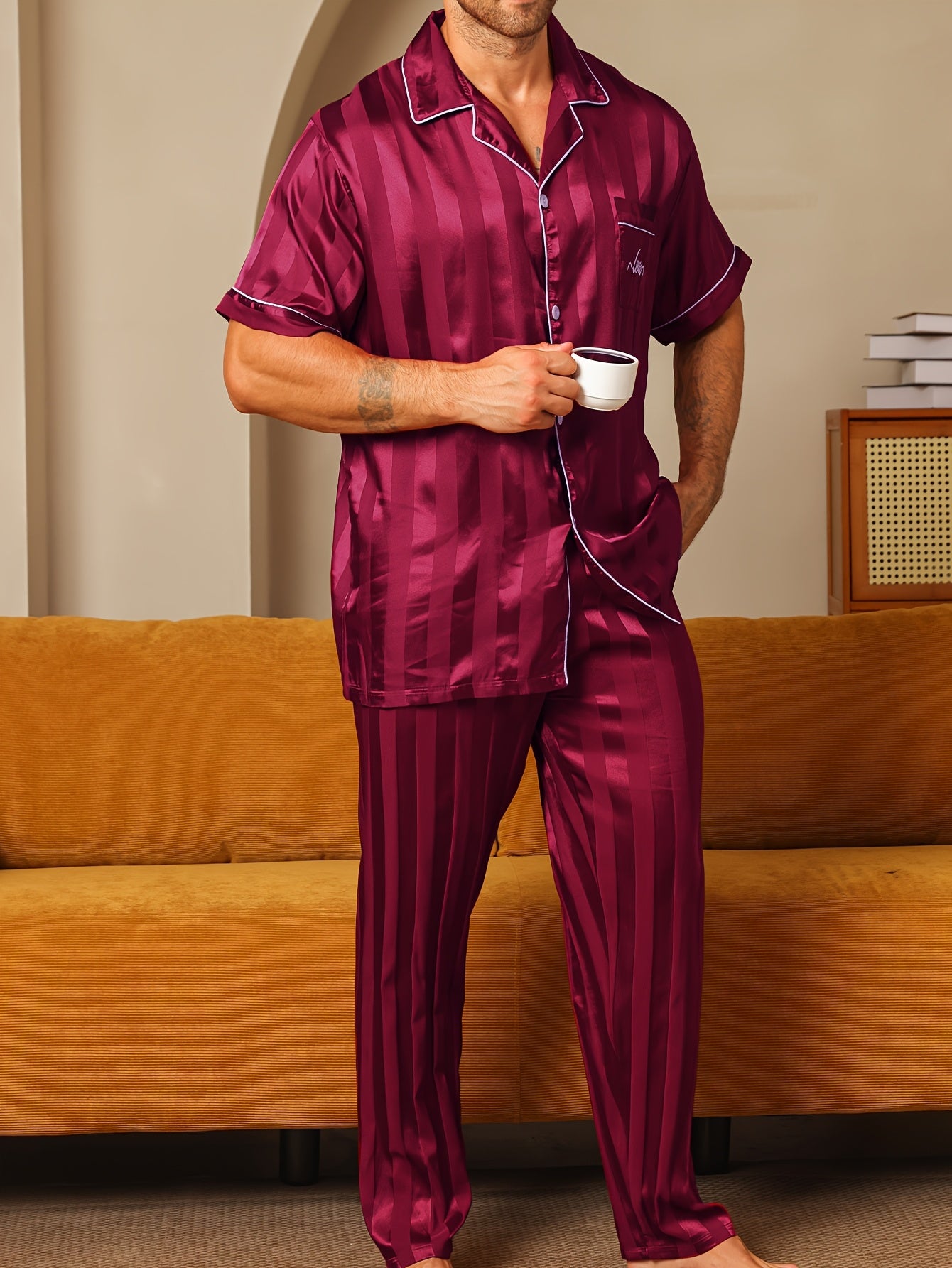 2pcs Men'S Pajama Set Short Sleeve Long Pants Thin Stripes with Embroidered Letters Summer Collar Cardigan Home wear Set