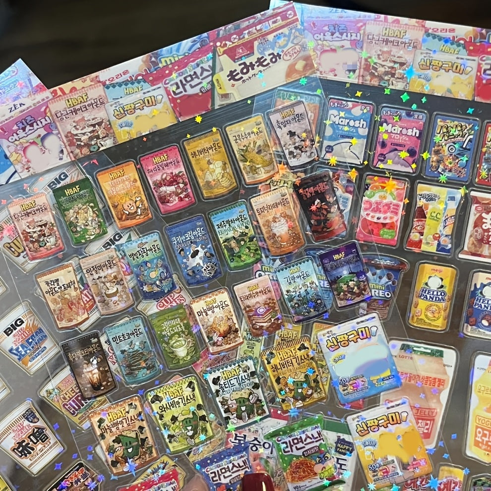 10/20pcs Kawaii Anime Snack Packaging Stickers, Multicolor Glitter Finish, Pre-pasted PET Cartoon Decals for Phones, Plastic Surface Compatible, Irregular Shape, Single Use Embellishments for Diary & Stationery