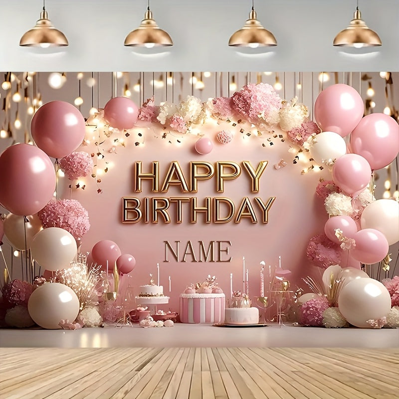1pc Glittering Pink Princess Theme Birthday Party Banner with Flowers