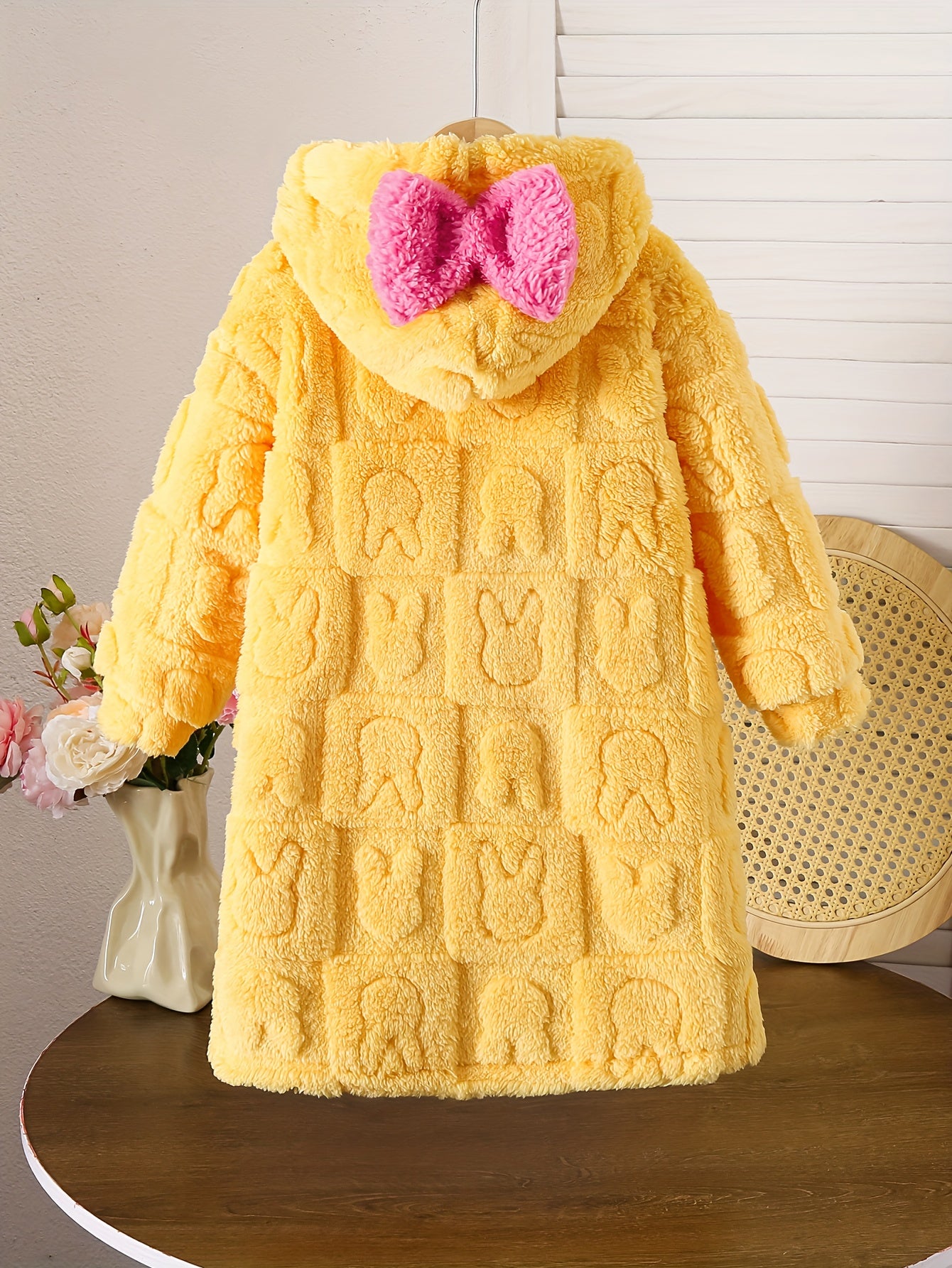 Girls' Plush Rabbit Coat Dress with Fluffy Collar & Bow - Cozy Winter Warmth,.