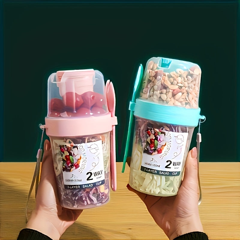 Salad Container to Go, Cereal Cup to Go, Lunch Accessories - Two-in-one Portable Salad Cup Container Set, with Dressing Rack and Fork, BPA-free Plastic, Hand Wash, Lightweight Rectangular Water Bottle Set, for Yogurt, Cereal,