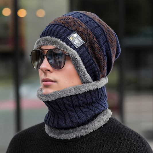 1 Piece Black Men's Winter Thick Warm Polyester Fiber Knitted Hat with Scarf