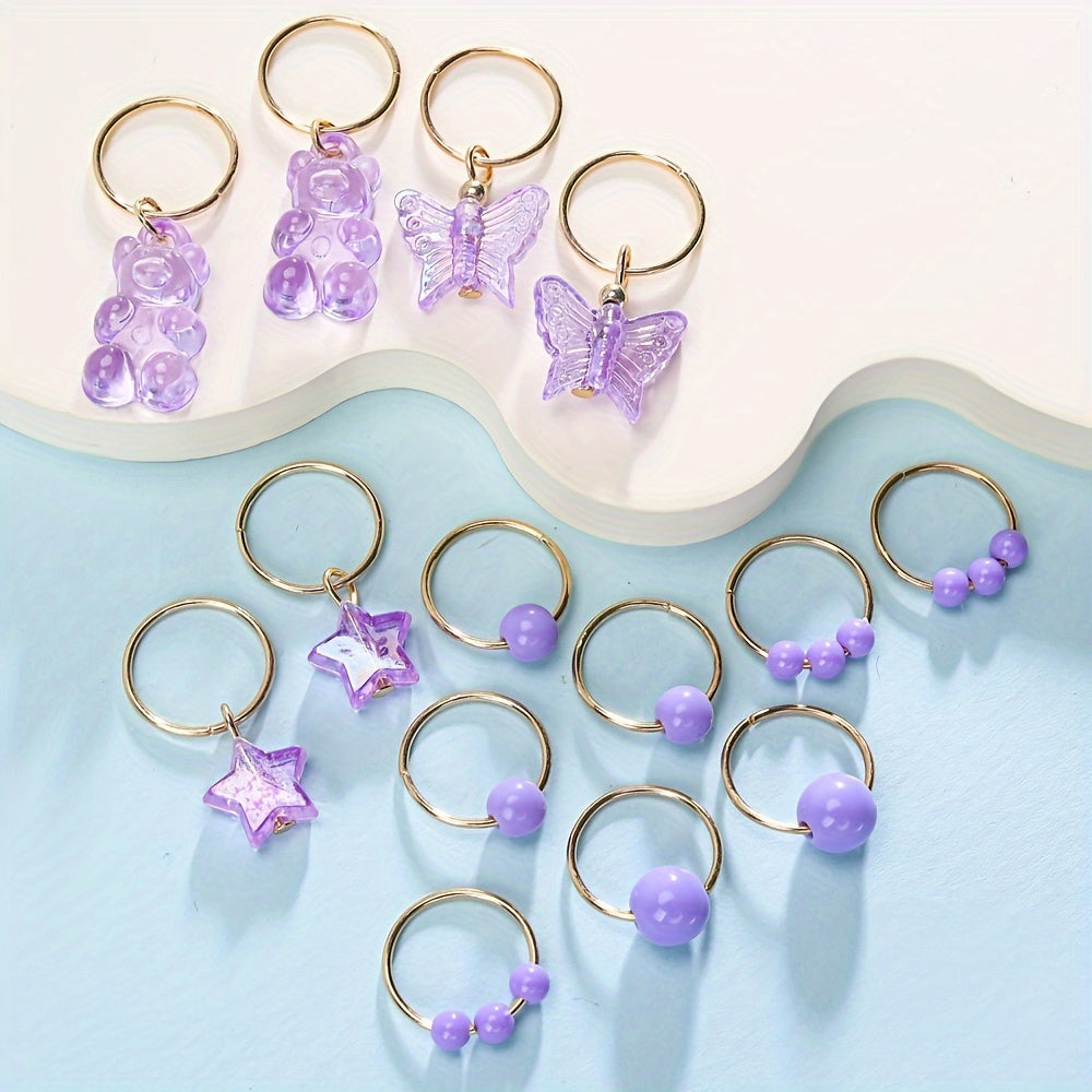 14pcs Shiny Butterfly Bear Hair Braid Rings | Star Crystal Rhinestone Hair Clips Cuffs Charms, Hair Jewelry Decoration for Women and Cool Girls