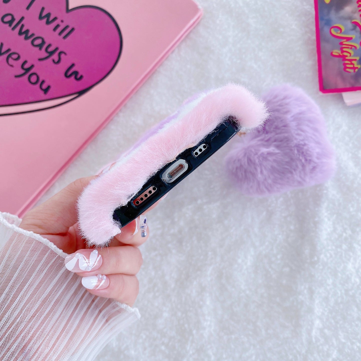Plush Phone Case with a Purple Heart Pendant