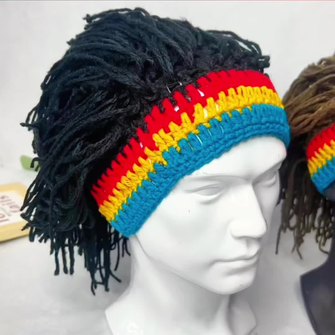 Men's Funky Knitted Beanie Hat with Attached Fake Hair -