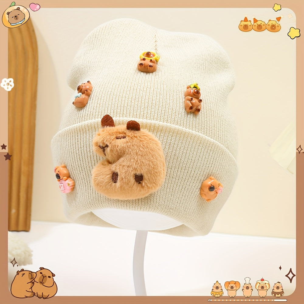 ' Cute Capybara & Floral Winter Hat - Soft & Brown Beanie with Capybara Face & Floral Accents, Cozy Unisex Beanie for Fall/Winter, Perfect for Travel & Gifts, Winter Hat, Gift For, Playful Design, Soft Fabric