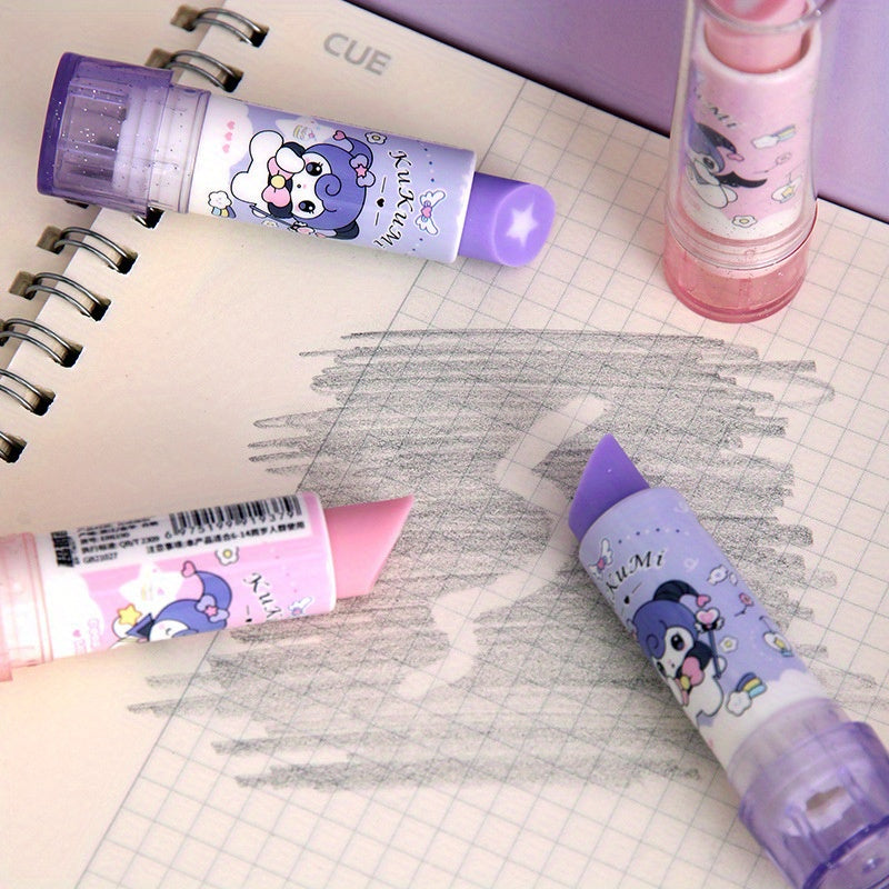 Sanrio for kuromi Erasers, 2pcs Cute Cartoon Office No Trace Retractable No Shavings Eraser, Suitable for Study Stationery Lipstick Style Rotating Correction Eraser