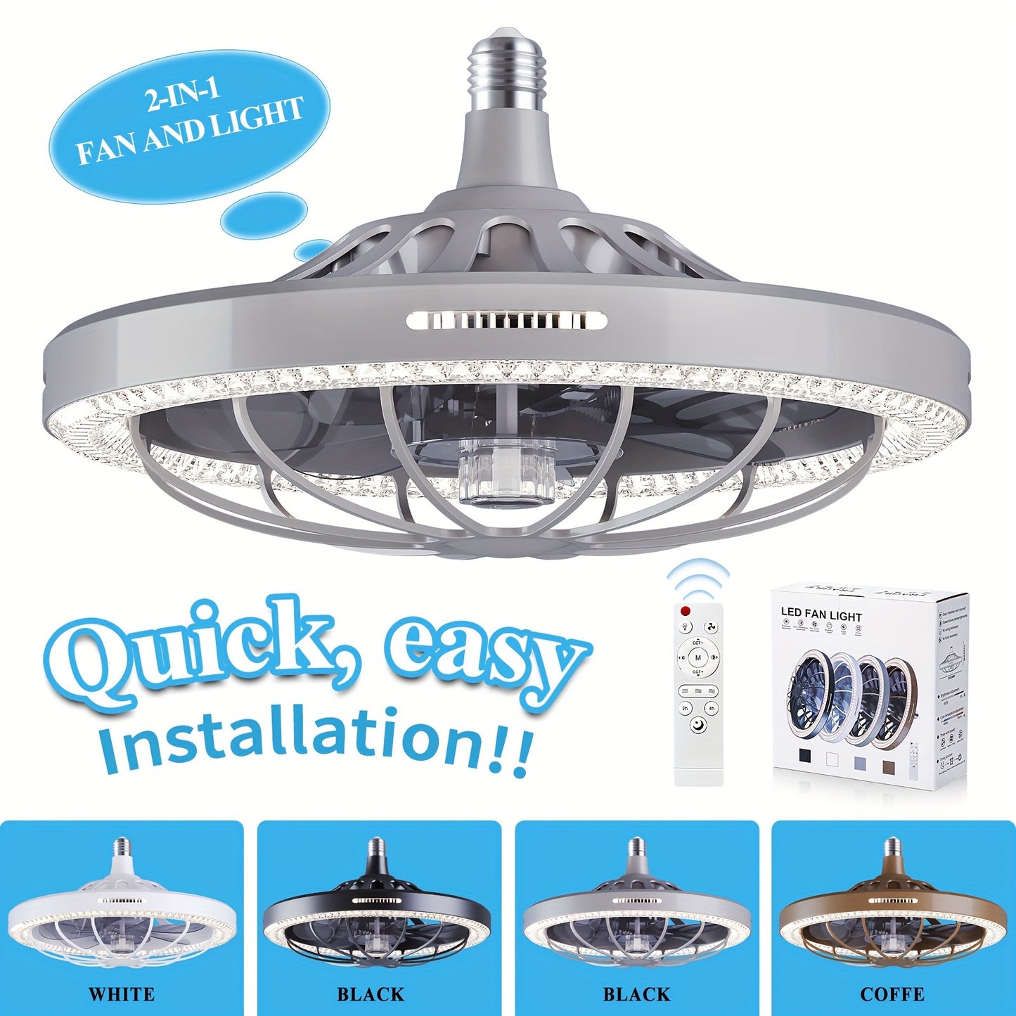 1pc 13" Modern Ceiling Fan With Lights And Remote Control, E26/E27 Base Easy Install Socket Fan Light, 3 Speed Wind Adjustment, 3 Colors 3000-6500k Dimmable Led Light for Bedroom, Kitchen, Living Room, Storage Room, Garage, B