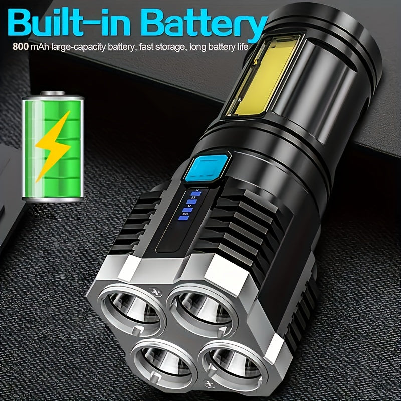 Super Bright 4 LED Tactical Flashlight with COB Side Lamp - USB Rechargeable, Metal Finish, 200 Lumens, 150m Range, ABS Material, No Laser, Rechargeable Battery, Tactical Flashlight|Modern Flashlight|Durable Construction, LED