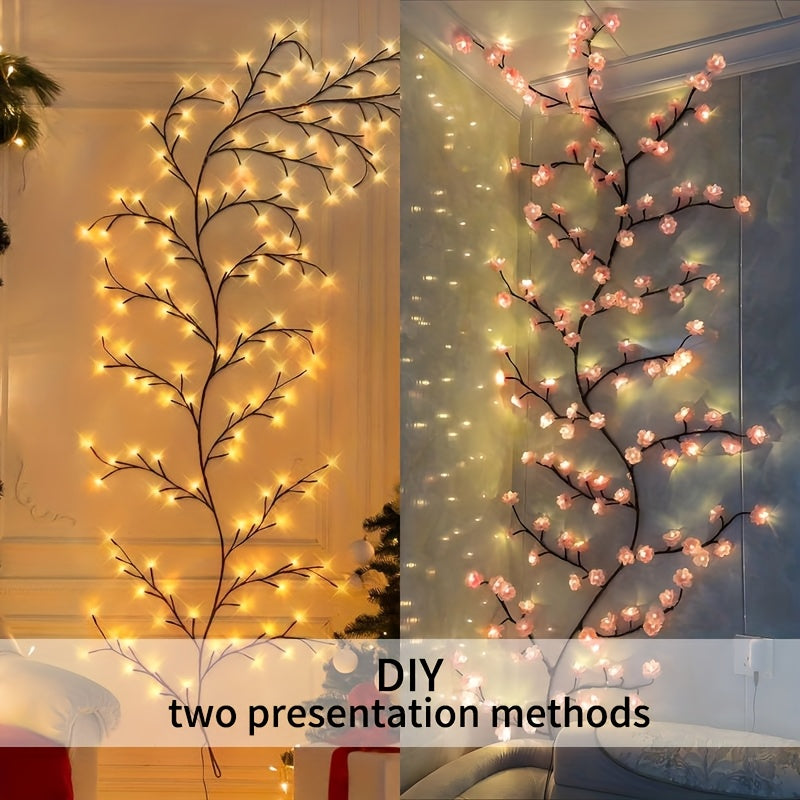 1pc Kinpho Cherry Blossom LED Branch Lights, 72/96/144 LEDs, Flexible and Bendable Sakura Vine String Lights, 8 Flashing Modes, USB Powered, DIY for Indoor Atmosphere Decoration, Ideal for Bedroom, Living Room, Wall, Party, H