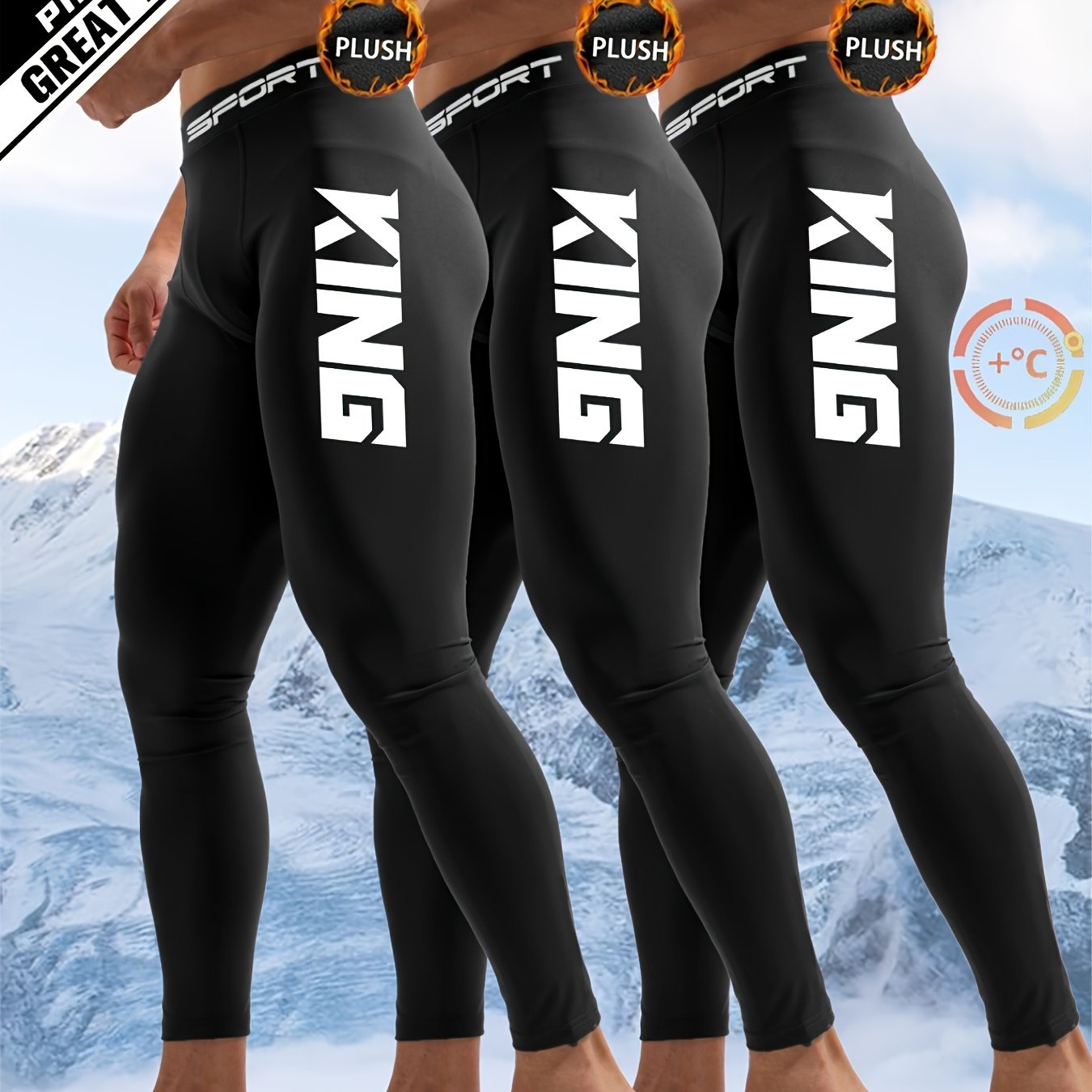 3pcs Men'S Thermal Leggings - Black with KING Print, Plush Lined, High Elasticity, 24H Warmth Retention, Ideal for Winter.