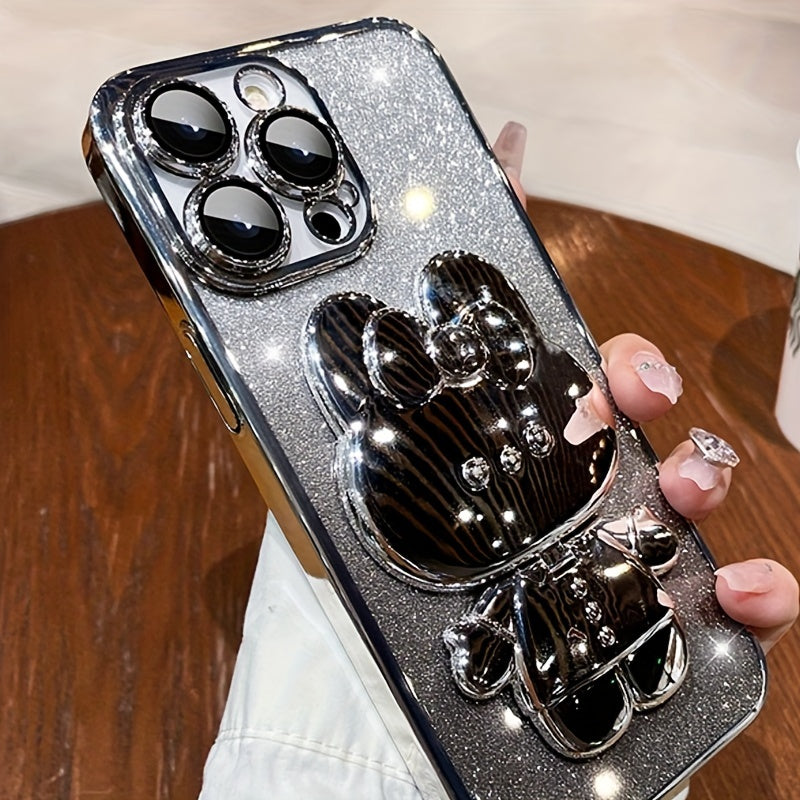 1 deluxe electroplated case for Apple iPhone 15/14/13/12/11Pro max, romantic - Cute bunny phone holder and hidden holder - shockproof ultra-thin protection, Easter - Valentine's Day gift