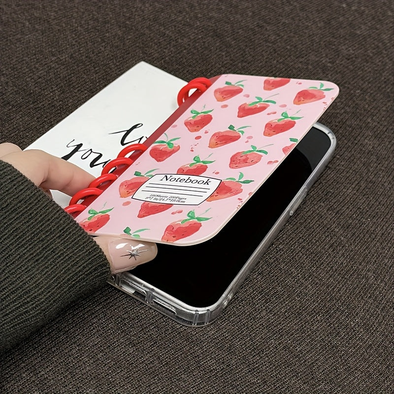 TPU Material New Book Flip Style Pink Background Strawberry Print Mobile Phone Case Suitable for Apple Series 11, 12, 13, 14, 15, 16pro mox Samsung Series 23, 24UItra
