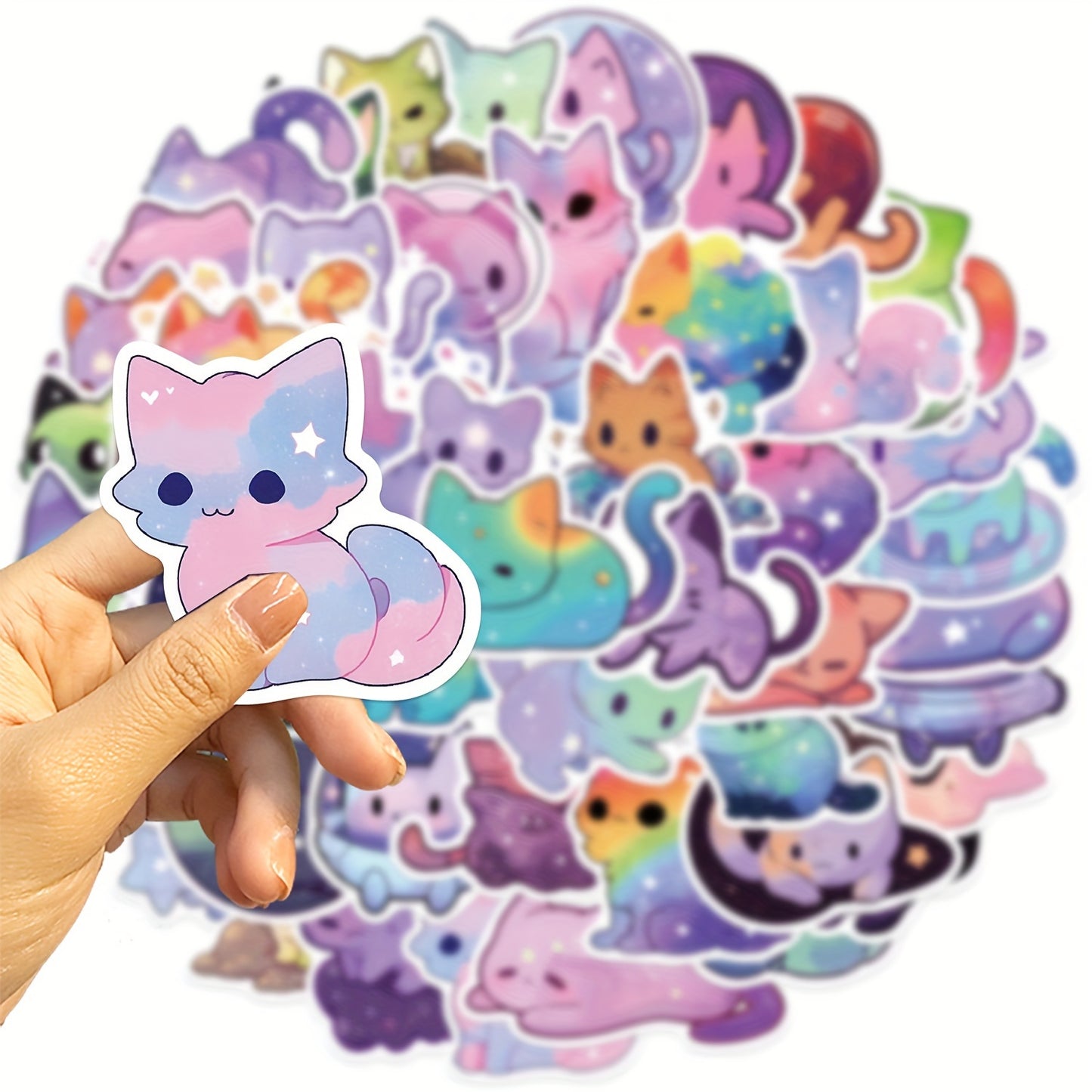 50pcs Vinyl Waterproof Colorful Starry Sky Cat Stickers for Scrapbook, Journaling, Laptop, Bumper, Skateboard, Water Bottles, Computer, Phone