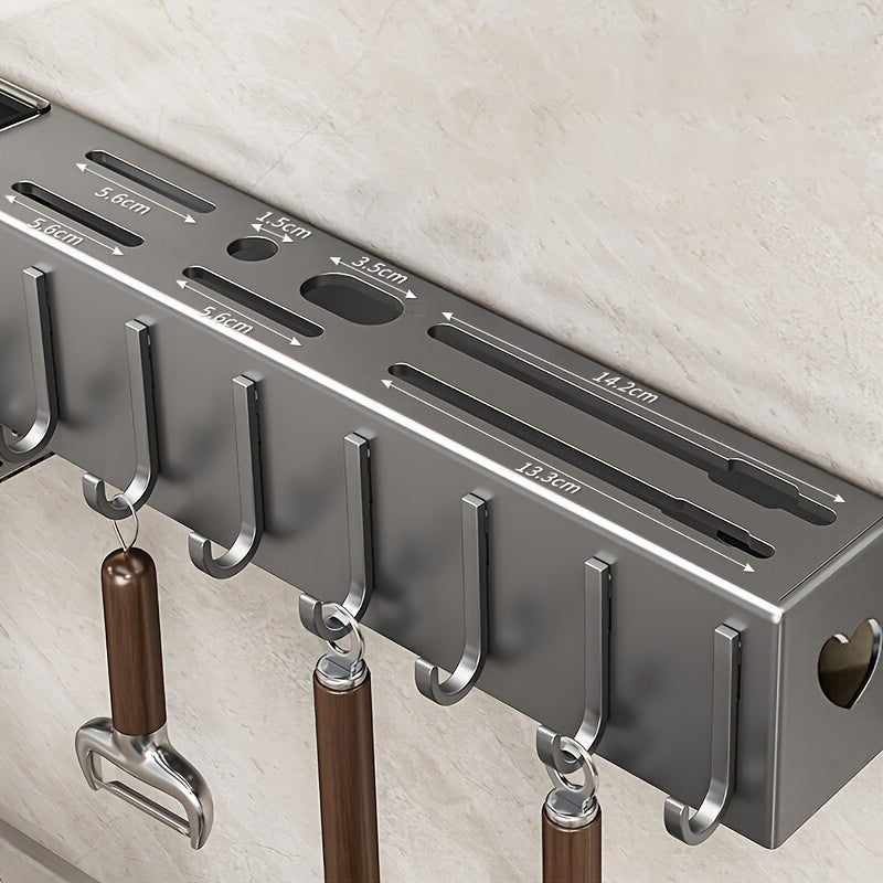Space-Saving 1pc Multi-functional Metal and Plastic Wall-Mounted Kitchen Utensil Rack, No-Drill Cutlery Storage Shelf, Easy to Install Kitchen Organizer for Kitchen Tools and Accessories