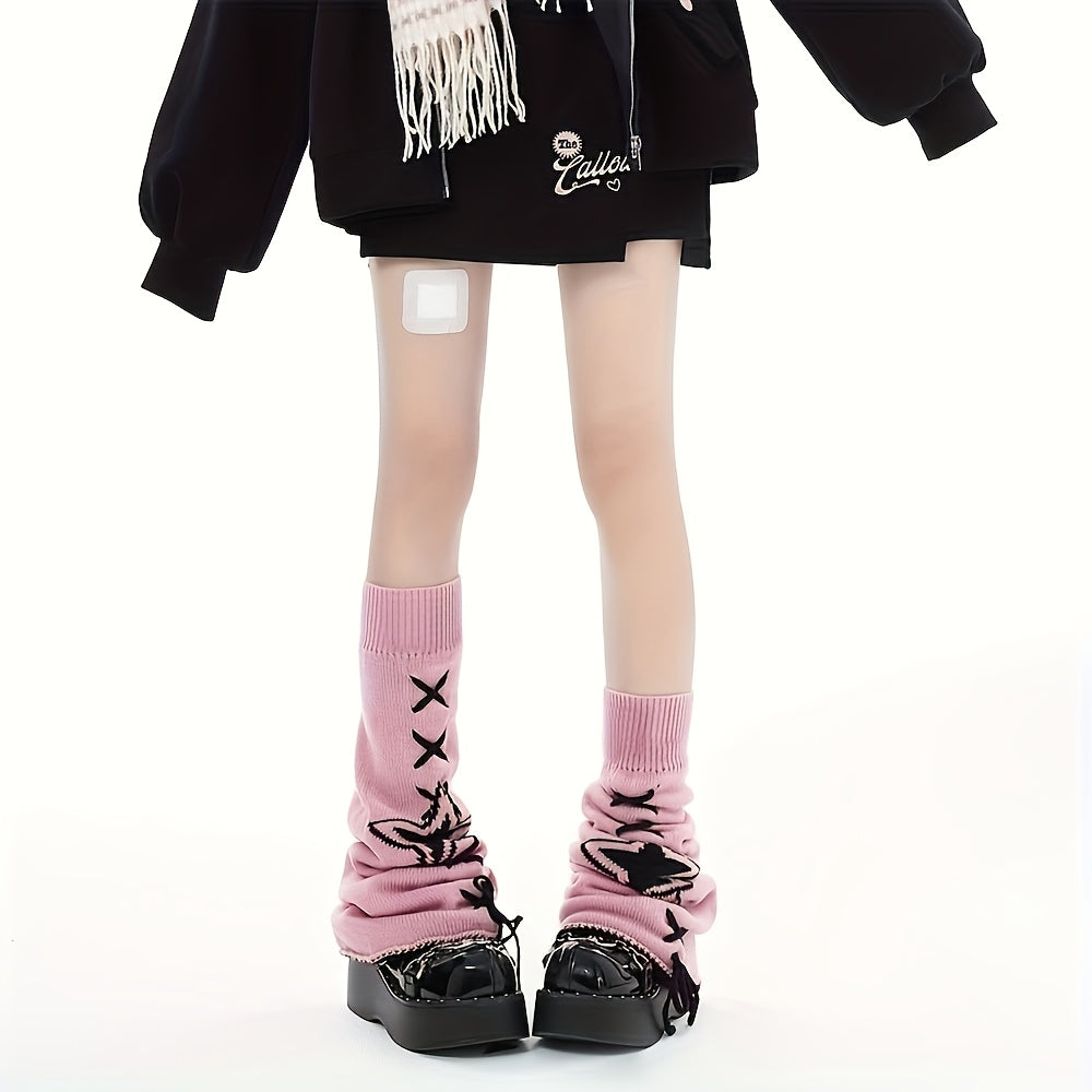 1 Pair Autumn/Winter Japanese Style Star Embroidery Cross Strap Flare Socks Set Y2K Harajuku Color Block Five-Pointed Star Cosplay Wide-Leg Leggings
