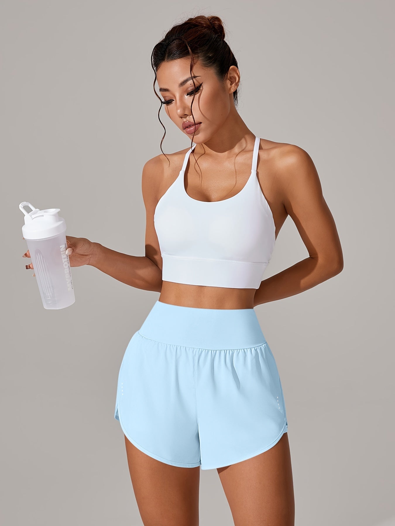 Light Blue High-Waisted Yoga Shorts with Ruffles