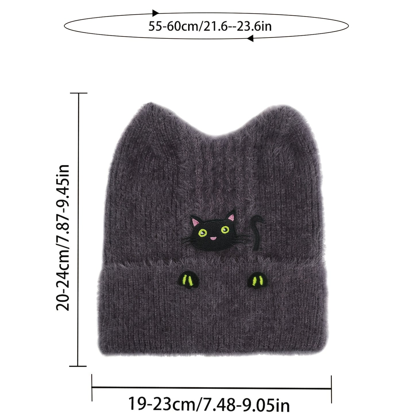 Black Cat Winter Knit Skull Cap with Cat Ears