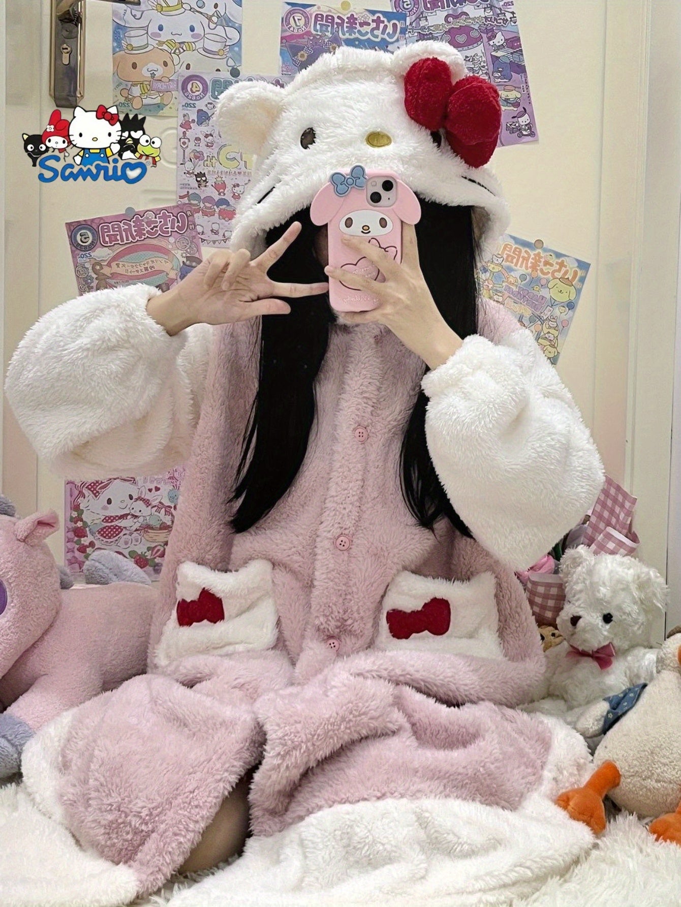 Mother's Day Gift Sanrio New Hello Kitty Women's Autumn Winter Warm Pink Coral Fleece Home Robe.