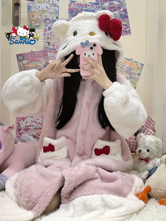 Mother's Day Gift Sanrio New Hello Kitty Women's Autumn Winter Warm Pink Coral Fleece Home Robe.
