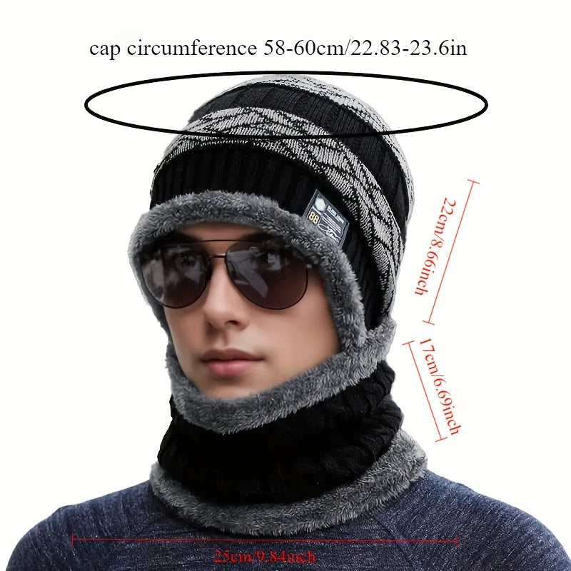 1 Piece Black Men's Winter Thick Warm Polyester Fiber Knitted Hat with Scarf