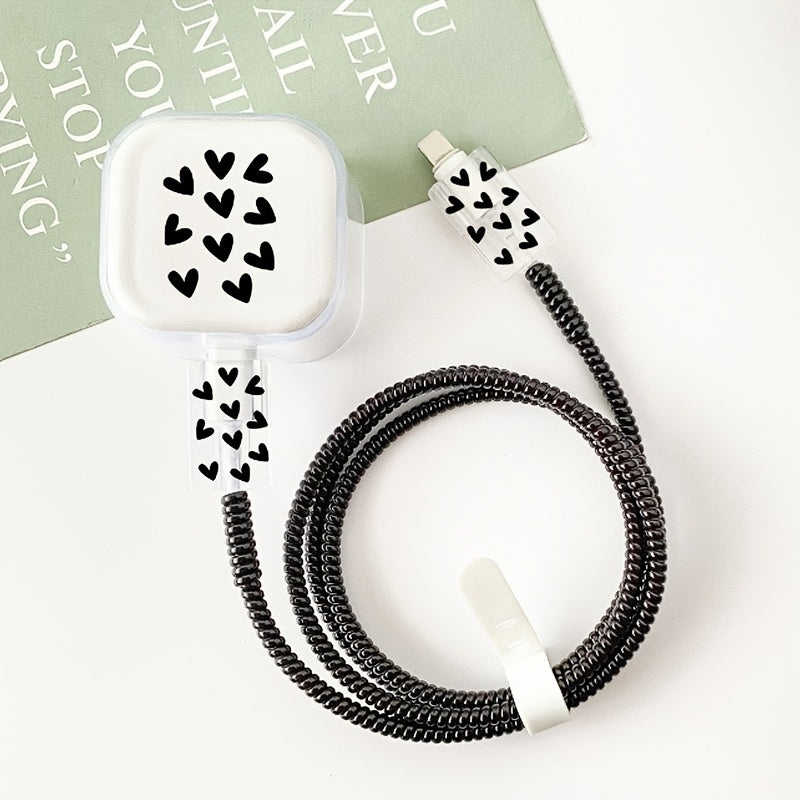 5pcs Set TPU Charger and Cable Protector, Heart Pattern, Compatible with UK Apple 20W Adapter, Anti-Bite Data Cord Protector for iPhone 15 Plus