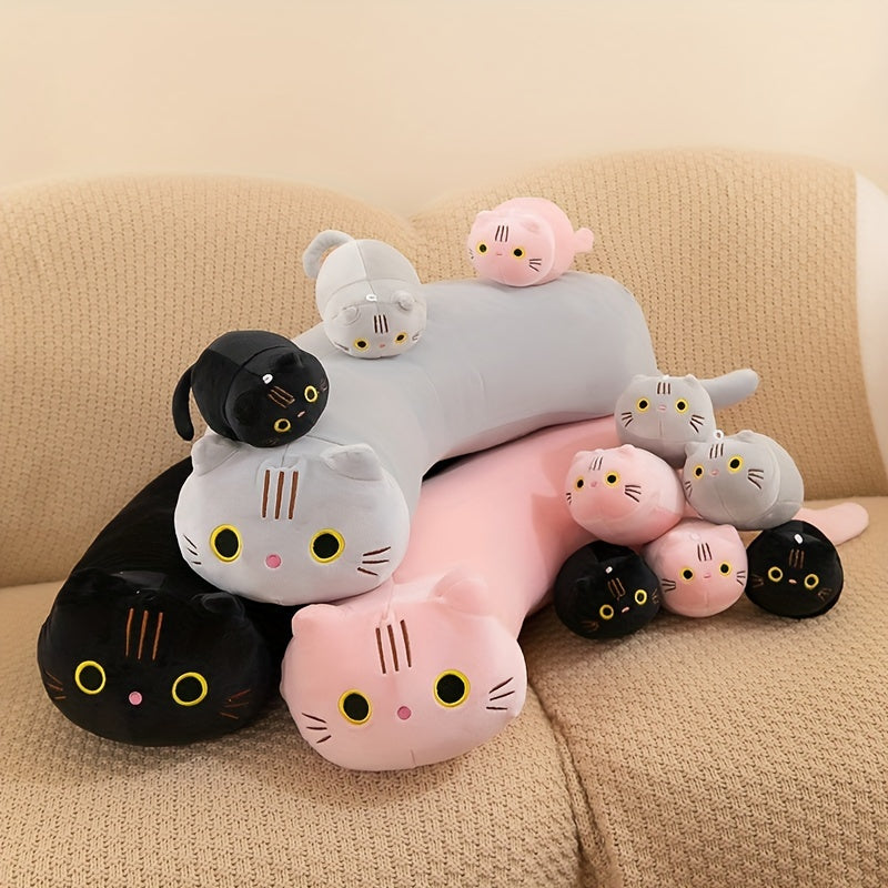 Soft 4pcs Cat Family Plush Toy Set - Cozy Polyester Pillows in Bright Pink, Gray, Black Colors - Stuffed Animal Dolls for Youngsters