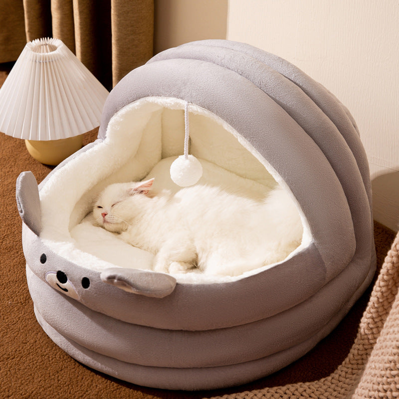 Cozy Gray & White Cat Cave Bed - Semi-Enclosed, Removable & Washable Polyester Pet Nest with Plush Interior and Hanging Ball Toy for Ultimate Comfort