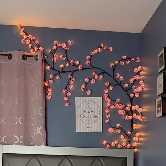 1pc Kinpho Cherry Blossom LED Branch Lights, 72/96/144 LEDs, Flexible and Bendable Sakura Vine String Lights, 8 Flashing Modes, USB Powered, DIY for Indoor Atmosphere Decoration, Ideal for Bedroom, Living Room, Wall, Party, H