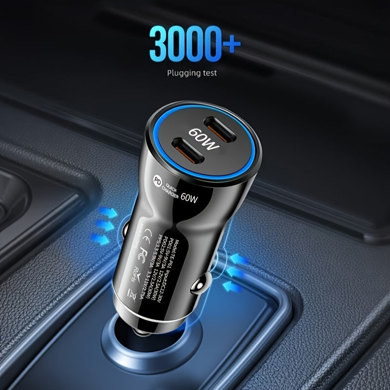 60W USB C Car Charger, USB-C Adapter Fast Charging Dual Port PD3.0 Type C Power Plug Compatible with iPhone16 15 14 13 12 11 Pro Max XR Samsung S23/22/21 Google Pixel 7 (Black/White)