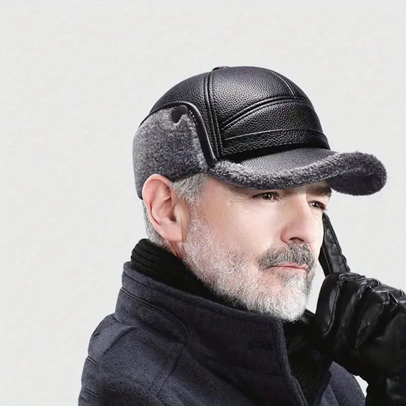 Men's Winter Warm Hat Thickened Ear Flap Cap with Faux Leather