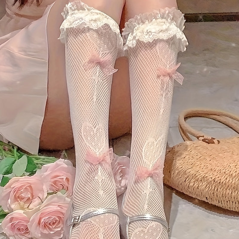 1 Pair Lolita Style Lace Trim Bow Knee-High Socks - 100% Polyester Breathable Fishnet Sheer Thigh-High Socks with Pink Bow Accents for Women's Fashion & Lolita Style Cosplay, Cosplay Socks | Pastel Gothic Style | Breathable F