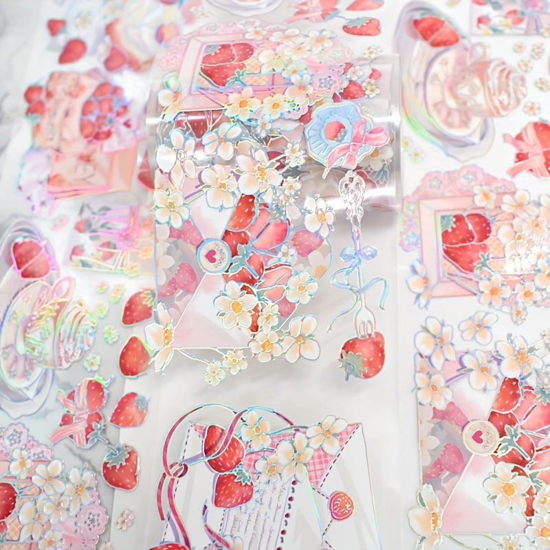 1 Roll Cute Strawberry Fantasy Stickers For Scrapbooking, Glossy PET Decal Tape With Anime Strawberry Romance Theme, Self-Adhesive For Journals And Notebooks, DIY & Decoration Accessories