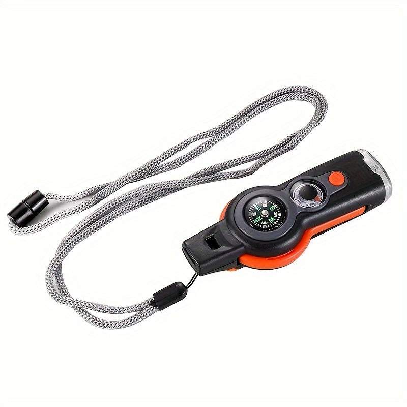 7-in-1 Survival Whistle with Compass, Magnifying Glass, Thermometer, and Emergency Functionality – Durable ABS Material, Black & Orange Design, Perfect for Outdoor Adventures