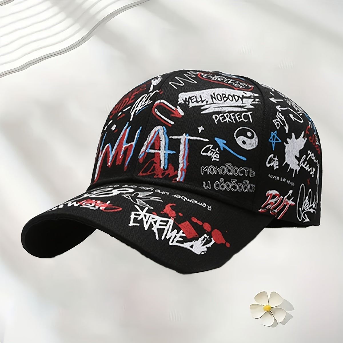 Black Baseball Cap with "WHAT" Design - Lightweight, Polyester, Adjustable Snapback, Ideal for Spring & Summer, Everyday Headgear | Adjustable Headgear | Lightweight Cap