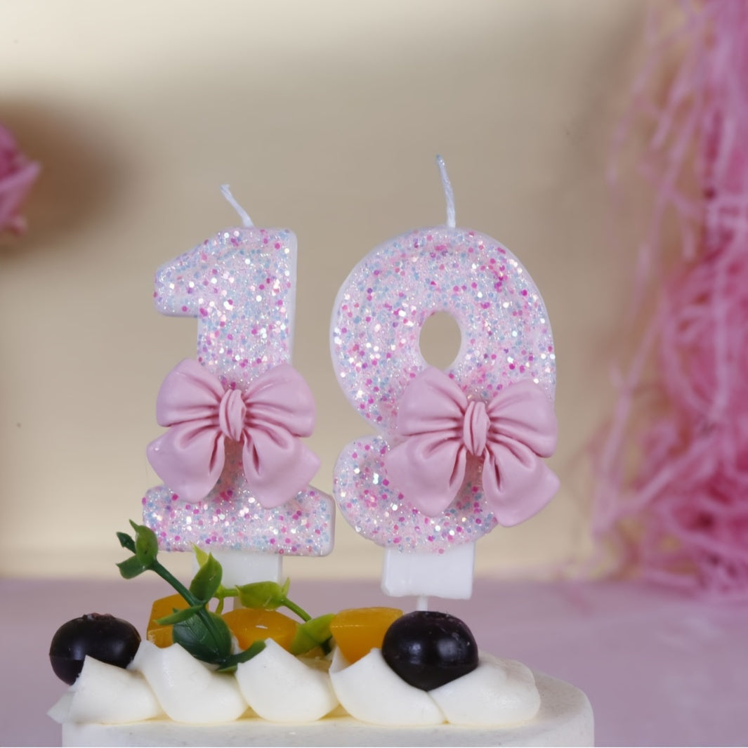 1pc, Pink Bow Number 0-9 Birthday Candle, Girl Powder Bow Birthday Cake Decoration, Baking Shop Supplies