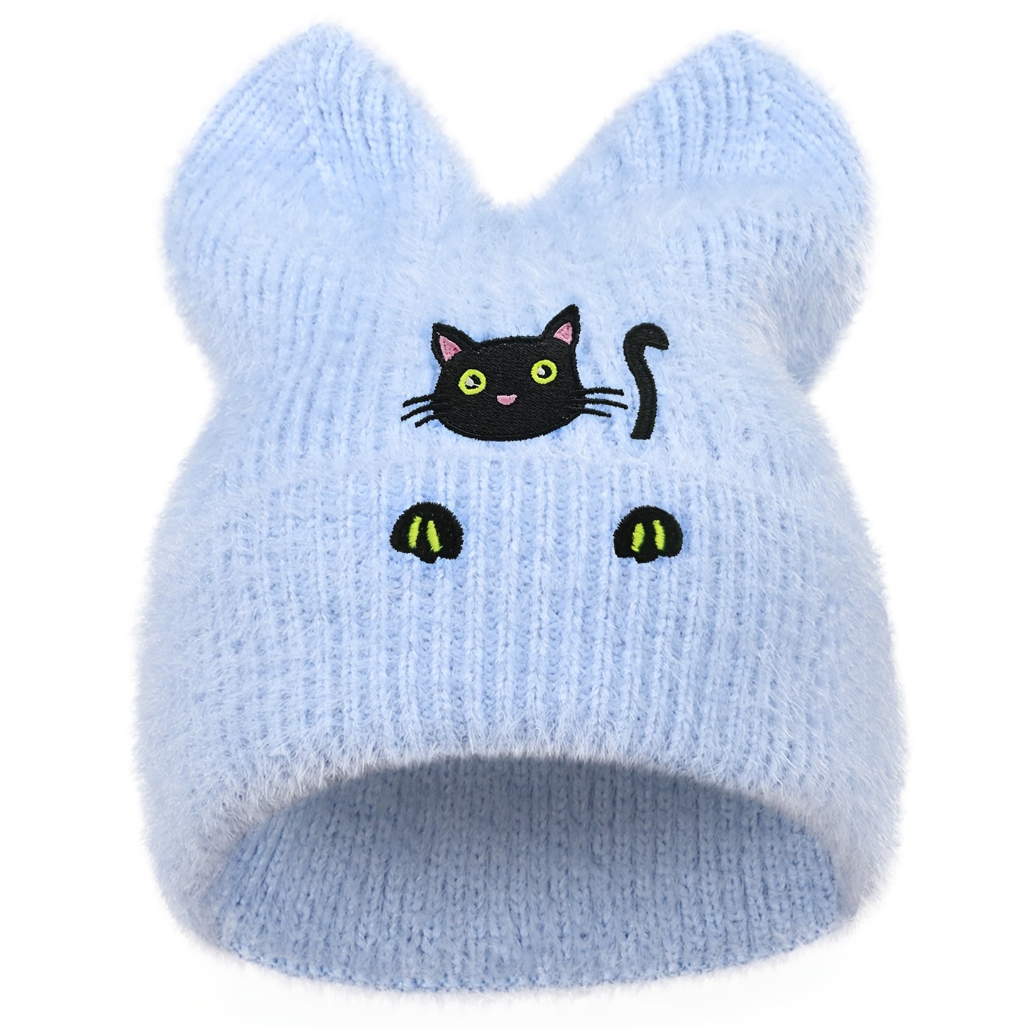 Black Cat Winter Knit Skull Cap with Cat Ears